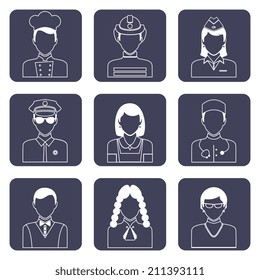 Avatar professions outline icons set of doctor firefighter judge pilot isolated vector illustration