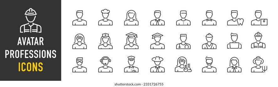 Avatar Professions web icons in line style. Doctor, policeman, business man and woman, chef, fireman, nurse, collection. Vector illustration.