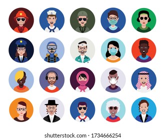 Juego de iconos de perfil de avatar que incluye avatares masculinos y femeninos.