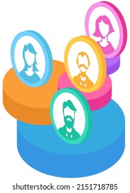 Juego de iconos de perfil de avatar que incluye hombres y mujeres. Iconos redondos multicolores con símbolo de cabeza de varias personas. Juego de retratos de personajes, hombres y mujeres, ilustración de usuarios, cara para la comunicación