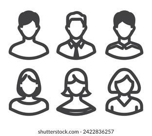 Juego de iconos de perfil de avatar que incluye iconos de avatar masculinos y femeninos. Serie de granito. Conjunto de iconos simples de estilo de glifo.