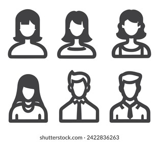Juego de iconos de perfil de avatar que incluye iconos de avatar masculinos y femeninos. Serie de granito. Conjunto de iconos simples de estilo de glifo.