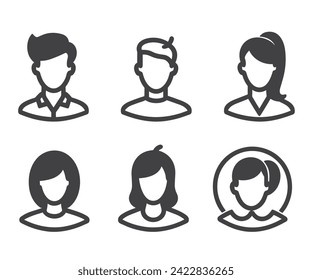 Juego de iconos de perfil de avatar que incluye iconos de avatar masculinos y femeninos. Serie de granito. Conjunto de iconos simples de estilo de glifo.