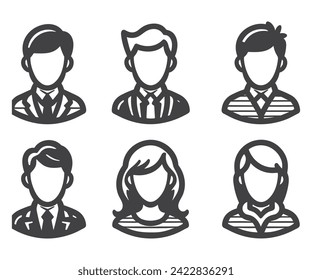 Juego de iconos de perfil de avatar que incluye iconos de avatar masculinos y femeninos. Serie de granito. Conjunto de iconos simples de estilo de glifo.