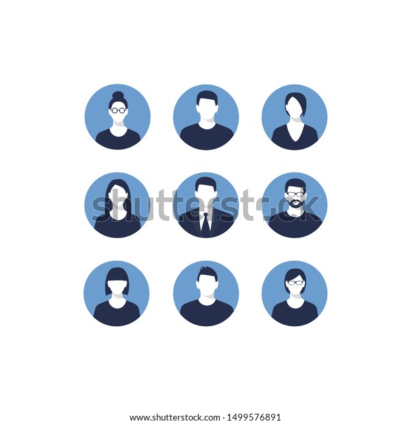 男性と女性を含むアバタープロファイルアイコンセット 白い背景に男性と女性のキャラクターのセット 丸いアバターアイコン さまざまな髪型 タイプ のベクター画像素材 ロイヤリティフリー