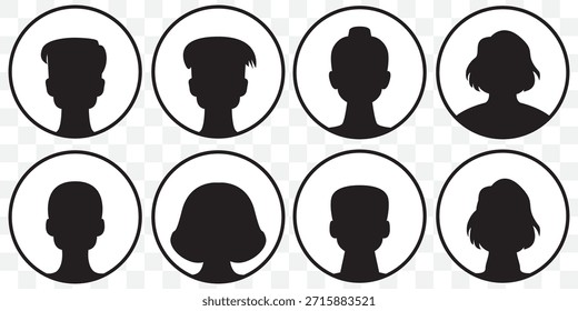 Conjunto de iconos de perfil de avatar, cabeza de hombre y mujer, signo de perfil de avatar masculino y femenino, logotipo de silueta de cara sobre fondo transparente. EPS 10.
