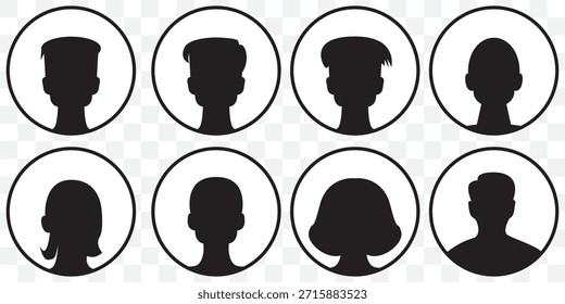 Avatar profile icon set, man and woman head, male and female avatar profile sign, face silhouette logo On Transparent Background. EPS 10.