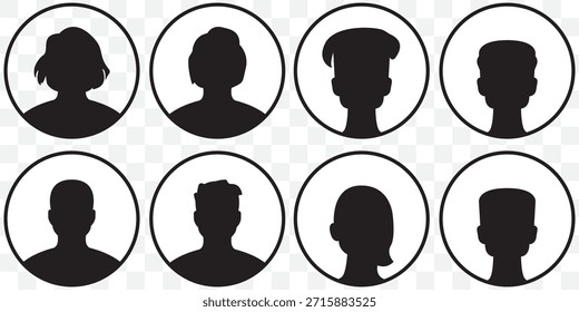 Avatar-Profil-Symbol-Set, Kopf von Mann und Frau, männliches und weibliches Avatar-Profil-Zeichen, Gesicht Silhouette Logo auf transparentem Hintergrund. EPS 10.