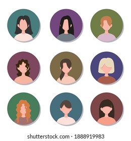 Avatar profile icons set, female icons without face. Vector illustration