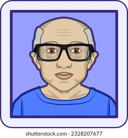 Avatar profile pic of mature man with gray hair, bald on top, brown eyes and glasses. Vector illustration.