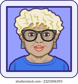 Avatar profile pic of mature woman with medium-dark skin tone, white-blond short curly hair, glasses and earrings. Vector illustration.