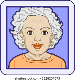 Avatar profile pic of senior woman with white curly hair and earrings. Vector illustration.