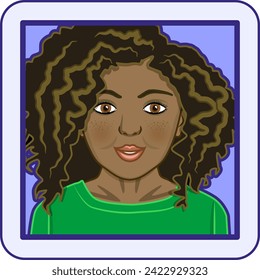 Avatar profile pic of young multi-ethnic or part African-American woman with curly hair. Vector illustration.