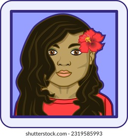 Avatar profile pic of young Polynesian woman with black hair, brown eyes and a red hibiscus flower in her hair. Vector illustration.