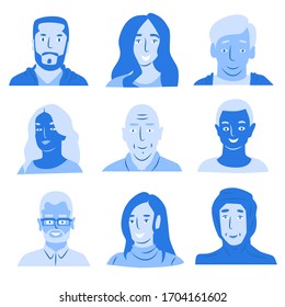 Conjunto de iconos de perfil de avatar que incluye hombres y mujeres. Ilustración vectorial en color azul sobre fondo blanco
