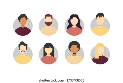 Avatar profile picture icon set including male and female of different nationalities and cultures, skin colors and hairstyles.