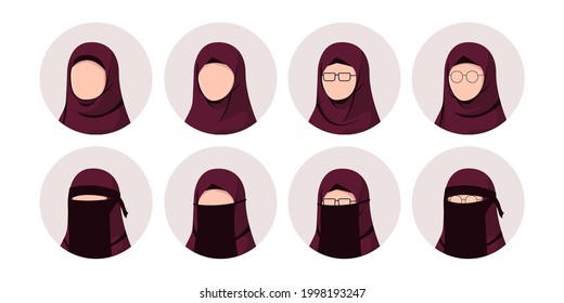 Avatar profile picture icon set of muslim woman, set include hijab and niqab muslim woman, social media avatar, flat illustration style