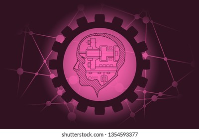 Avatar profile view. Face silhouette or icon. Mechanical engineering drawing background.