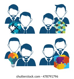 avatar puzzle cube bulb arrow sphere teamwork support collaborative cooperation work icon set. Colorful design. Vector illustration