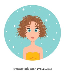 Avatar of a red-haired girl with short hair square haircut and big blue eyes, vector illustration in flat style.