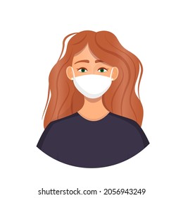 Avatar of a redhaired woman wearing a mask to protect against coronavirus, flu, air pollution, viruses and disease. Portrait of a young girl. Vector illustration of a face