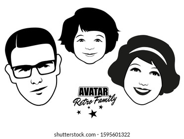 Avatar Retro Family. Cartoon faces retro style isolated on white background