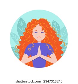 Avatar sad girl with red curly hair and closed eyes prays with tears. For a postcard or sticker for condolences, prayers, religious service svg