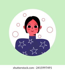 Avatar of satisfied person in the cartoon style. This cute girl's avatar and its charming design elements create an emotional connection against the peaceful green background. Vector illustration.