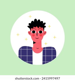Avatar of satisfied person in the cartoon style. This illustration features an adorable avatar of a guy with an endearing cartoon design, set against a serene green background. Vector illustration.
