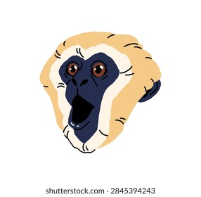 Avatar of scared and screaming monkey. Portrait of shocked, afraid gibbon with open mouth. Cute primate with surprised face. Terrified animal. Flat isolated vector illustration on white background