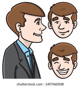 Avatar Set of a businessman with suit and brown hair from the side and frontal. upper body, laughing, friendly, face.