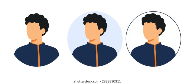 Avatar set featuring a man with black curly hair, clean-shaven, and wearing a dark blue shirt with an orange collar. Three variations include a simple profile, a profile within a light blue circle, and a profile with a white background and a black outline.