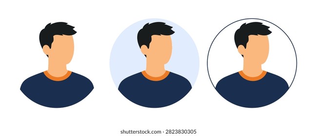 Avatar set featuring a man with modern spiky black hair, clean-shaven, and wearing a dark blue shirt with an orange collar. Three variations include a simple profile, a profile within a light blue circle, and a profile with a white background and a black outline.