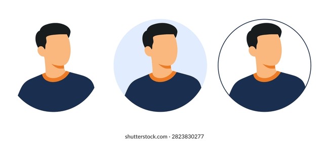 Avatar set featuring a man with short black hair, clean-shaven, and wearing a dark blue shirt with an orange collar. Three variations include a simple profile, a profile within a light blue circle, and a profile with a white background and a black outline.