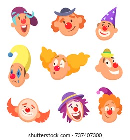 Avatar set of funny clowns with different emotions. Collection of clown face character. Vector illustration Avatar set of funny clowns with different emotions. Collection of clown face character. Vector illustration