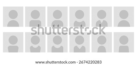 Avatar set with grayscale user profiles in squares, gender neutral silhouettes, and person icons in flat cartoon style. Ideal for apps, websites, UI design, contacts, placeholders, and social media.