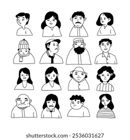 avatar set, hand drawn, black and white