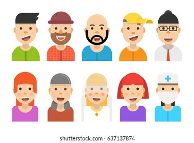 Avatar set icons. Flat cartoon style. Vector illustration.