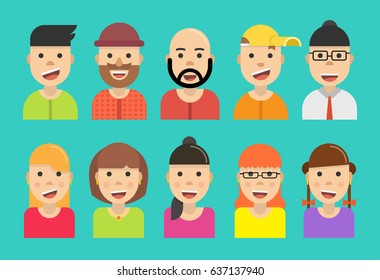 Avatar set icons. Flat cartoon style. Vector illustration.