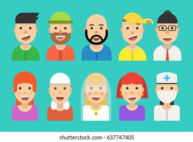 Avatar set icons. Flat cartoon style. Vector illustration.