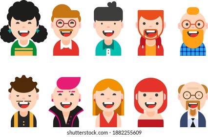 Avatar set isolated. Diverse faces, happy expressions. Cute and simple flat cartoon style.Positive male and female characters different ages. Vector illustration