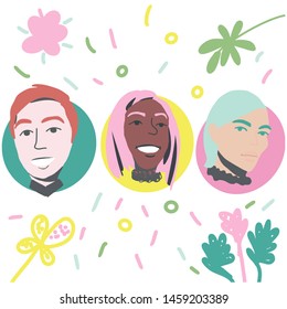 Avatar set isolated on white background. Diverse faces expressions. Cute and simple flat cartoon style. Vector illustration