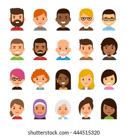 Avatar set isolated on white background. Diverse faces, happy expressions. Cute and simple flat cartoon style.