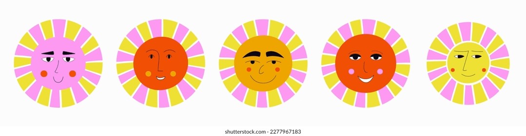 Avatar set, joyful suns. Character design, various impressions, summer object. Editable vector illustration
