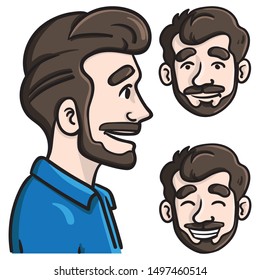 Avatar Set of a man with beard and brown hair from the side and frontal. upper body, laughing, friendly, face.