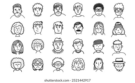 Avatar set of people in doodle style. Big set of various people's faces in hand drawn sketch design. Vector illustration