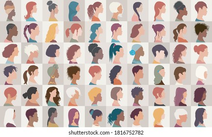 Avatar set portrait collection group of multiethnic diversity women and girls isolated.Asian - African - American - caucasian - Arab female people.Profile headshot.Different nationalities