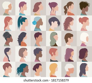 Avatar set portrait collection group of multiethnic diversity women and girls isolated.Asian - African - American - caucasian - Arab female people.Profile headshot.Different nationalities