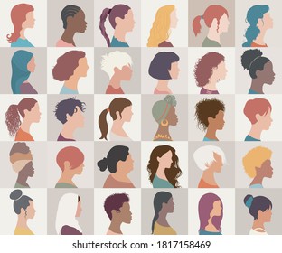 Avatar set portrait collection group of multiethnic diversity women and girls isolated. Different nationalities Asian - African - American - caucasian - Arab female people.Profile headshot