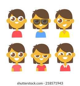 avatar set, primitive cartoon flat style characters emotions, vector illustration